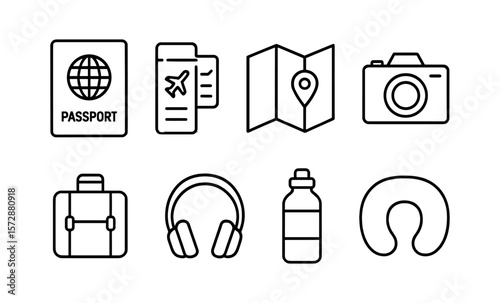 Travel essentials icons: passport, tickets, map, camera, luggage, headphones, bottle, neck pillow