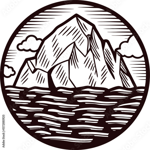 Engraved iceberg mountain in circular frame with ocean waves and clouds, vintage monochrome illustration