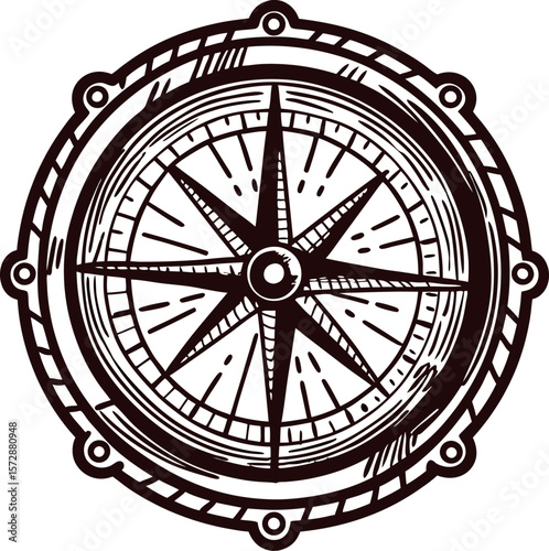Hand drawn vintage compass rose illustration with nautical directional points and ornate circular frame