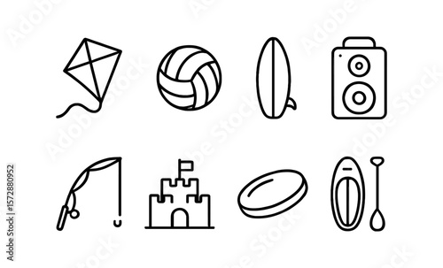 Beach icons: kite, volleyball, surfboard, speaker, fishing rod, sandcastle, frisbee, paddleboard