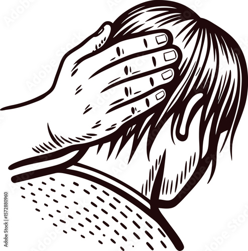 Hand comforting head of distressed person vintage engraved woodcut emotional support illustration