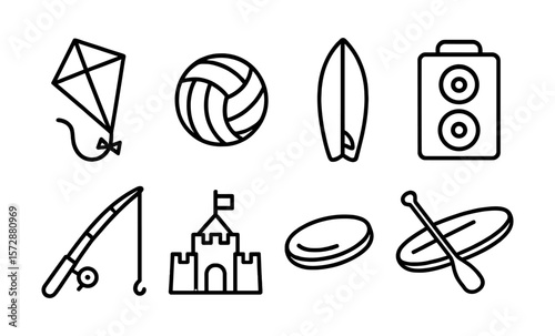 Beach activities: kite, volleyball, surfboard, speaker, fishing, sandcastle, frisbee, paddleboard