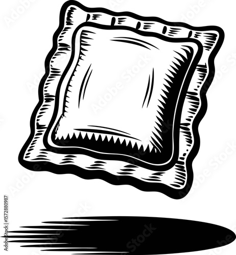 Hand drawn ravioli illustration in black and white, vintage engraved with shadow