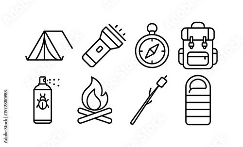 Camping essentials: tent, flashlight, compass, backpack, insect spray, campfire, roasting stick, sleeping bag icons