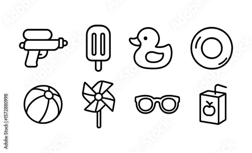 Summer fun icons featuring toys and refreshments