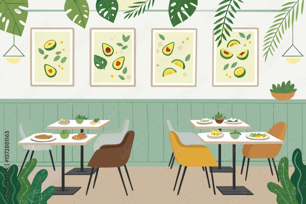 Obraz premium A stylish vector vegan restaurant interior featuring lush greenery walls and a healthy dining ambiance.