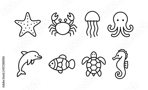 Simple black and white marine animal cartoon icons, featuring starfish, crab, jellyfish, octopus, dolphin, fish, turtle, seahorse