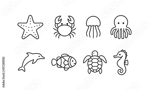 Black and white sea life icons featuring sea star, crab, jellyfish, octopus, dolphin, fish, turtle, seahorse