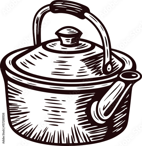 Vintage hand drawn illustration of a lidded kettle with a handle and spout on white background