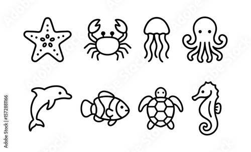 Marine creatures outline icons set featuring starfish, crab, jellyfish, octopus, dolphin, fish, turtle, seahorse