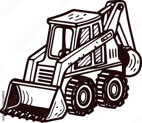Hand drawn illustration of an excavator loader machine with front bucket, vintage construction equipment sketch