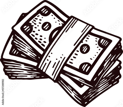 Hand drawn bundle of dollar bills illustration isolated on white, vintage engraved money pack design