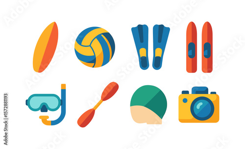 Colorful summer sports equipment icons including surfboard, volleyball, flippers, snorkel, oars, swim cap, and camera