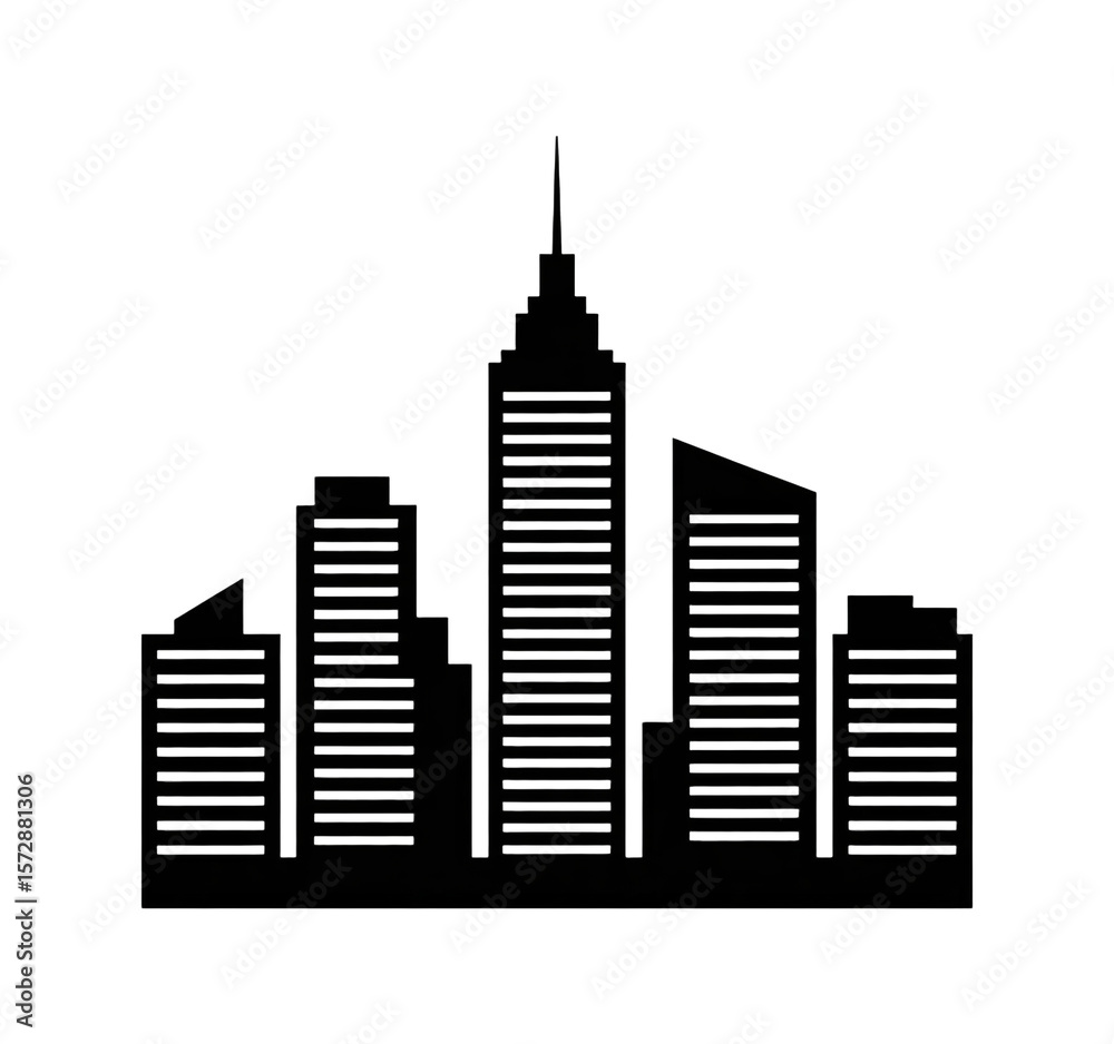Obraz premium A minimalist black and white cityscape silhouette illustration of modern high-rise buildings on a transparent background.