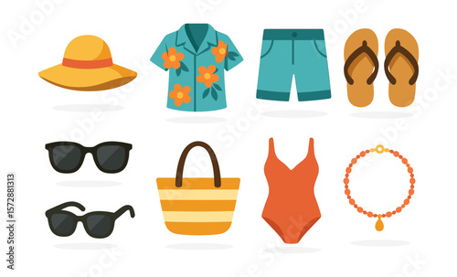 Summer beach essentials: hat, shirt, shorts, flip-flops, sunglasses, bag, swimsuit, necklace