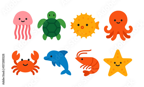 Colorful cartoon sea animals icons including jellyfish, turtle, starfish, and dolphin