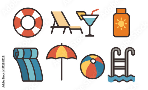 Summer pool icon set: swim essentials for beach and poolside fun