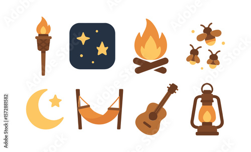 Camping adventure icons: campfire, stars, torch, moon, hammock, guitar, lantern, fireflies