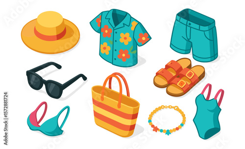 Colorful summer beachwear collection with accessories for a stylish vacation