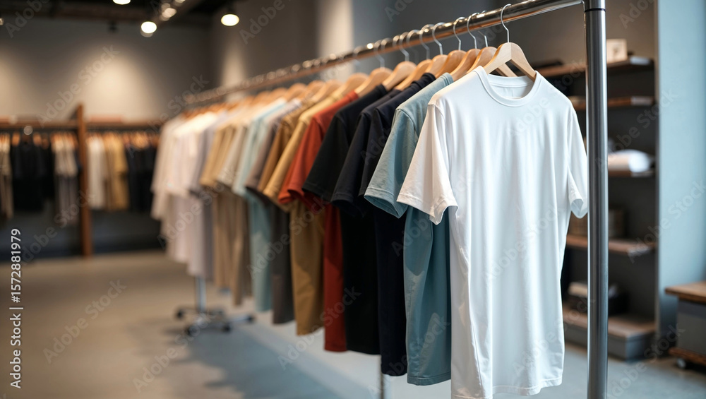 Naklejka premium Organized Row of Hanging T-Shirts in Minimal Modern Clothing Store Interior Setting