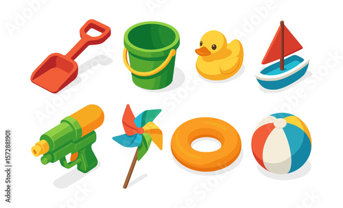 Colorful beach toys collection: bucket, shovel, duck, boat, water gun, pinwheel, ring, ball