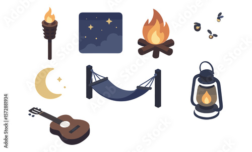 Cozy summer night elements: campfire, hammock, lantern, guitar, stars, moon