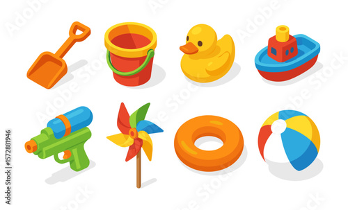 Colorful collection of summer toys for beach and pool fun