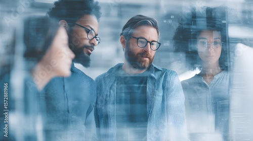 Diverse business team brainstorming in high-tech digital office, screen UI overlay