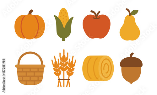 Collection of autumn harvest symbols with pumpkin, corn, apple, and pear illustrations