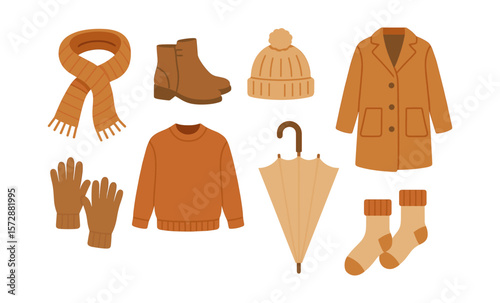 Autumn clothing collection with coat, sweater, boots, and accessories