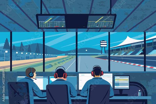 Digital vector view from a race control tower overlooking a large track.