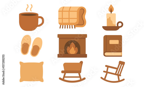Cozy home vectors: coffee, fireplace, rocking chair, candle, slippers, pillow, blanket, book
