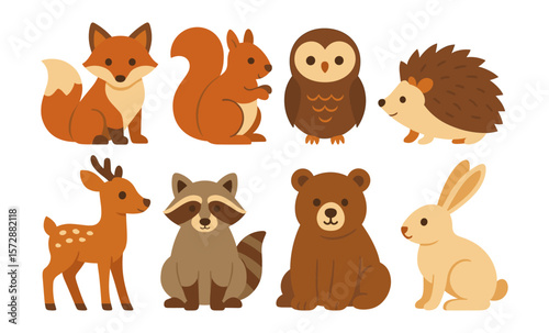 Cute cartoon woodland animals collection: fox, squirrel, owl, hedgehog, deer, raccoon, bear, rabbit