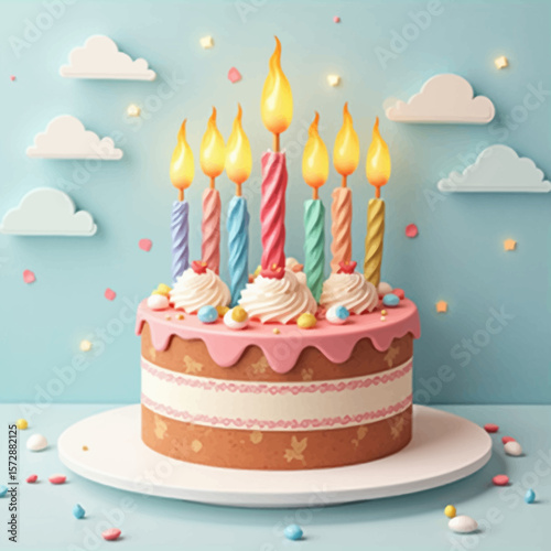 A delightful birthday cake adorned with colorful, lit candles, rests on a cake stand against a pastel blue background with decorative clouds.