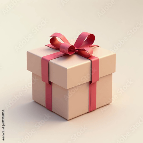 A single, square gift box with a pink ribbon and bow against a neutral background.