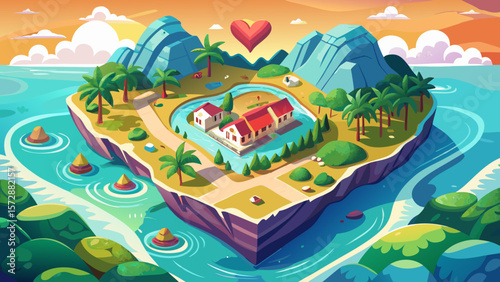 Aerial view of heart shaped island on sea coast. Beautiful background, creating spring summer mood and tourism, vacation. Tropical resort. Natural landscape background, advertising space, copy 