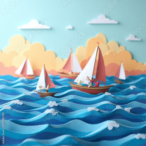 Colorful paper art depicts sailboats sailing on wavy blue ocean under a cloudy sky.