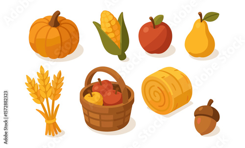 Autumn harvest: pumpkin, corn, apples, pears, wheat, hay, basket, acorn