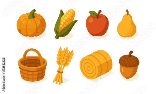 Autumn harvest icons: pumpkin, corn, apple, pear, basket, wheat, hay bale, acorn