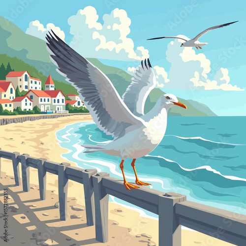 A seagull with outstretched wings perches on a rail near the ocean.