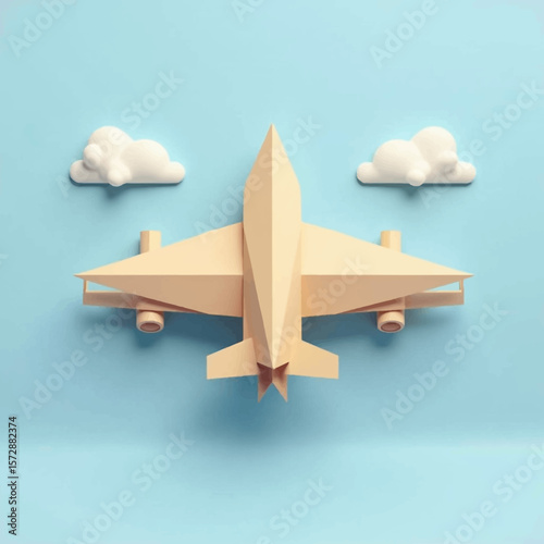 A paper airplane model with clouds against a light blue background, creating a minimalist and whimsical scene.