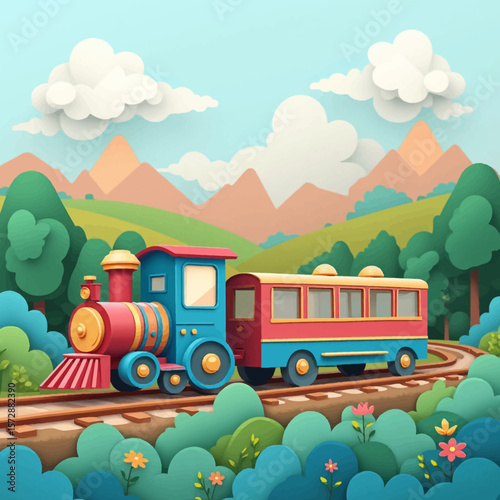 A whimsical paper-craft style train journeys through a vibrant, idyllic landscape.