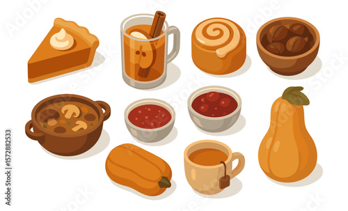 Autumn harvest illustration featuring seasonal foods and beverages in warm tones