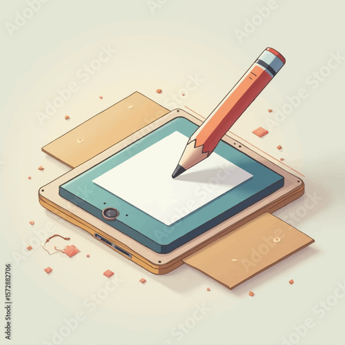 A stylized pencil poised above a blank digital drawing pad, ready to create.