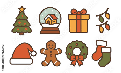 Festive christmas icons featuring tree, snow globe, gift, lights, santa hat, gingerbread man, wreath, and stockings