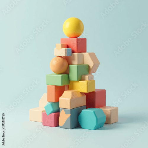 Colorful wooden blocks and spheres stacked in a playful, balanced composition.