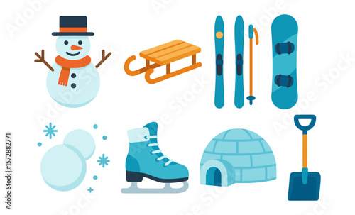 Winter fun: snowman, sled, skis, snowboard, igloo, snowballs, ice skate, shovel