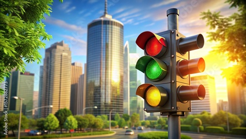 Traffic Light in Modern Cityscape with Skyscrapers