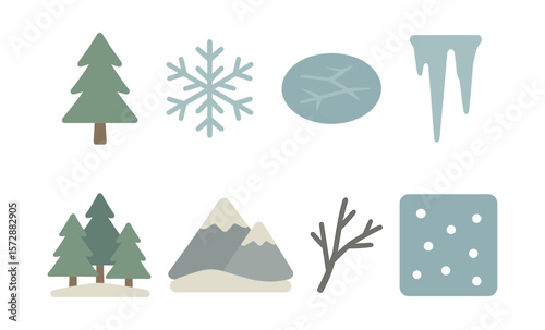 Winter symbols: trees, snowflakes, ice, mountains, and more