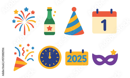Colorful new year's celebration icons: fireworks, party hat, 2025 calendar, champagne bottle, mask